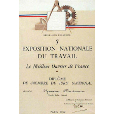 Diplôme de membre du jury national du meilleur ouvrier de France de la 5e Exposition nationale du Travail. 