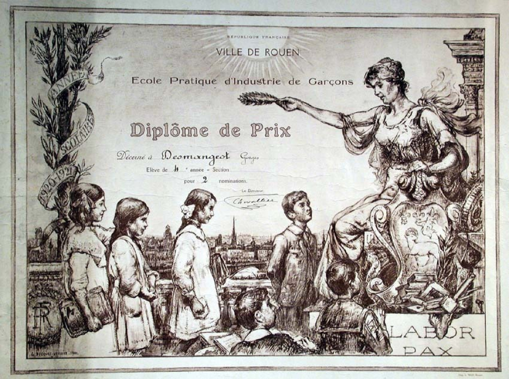 Diplôme de prix. Ville de Rouen. École pratique d'industrie de Rouen.