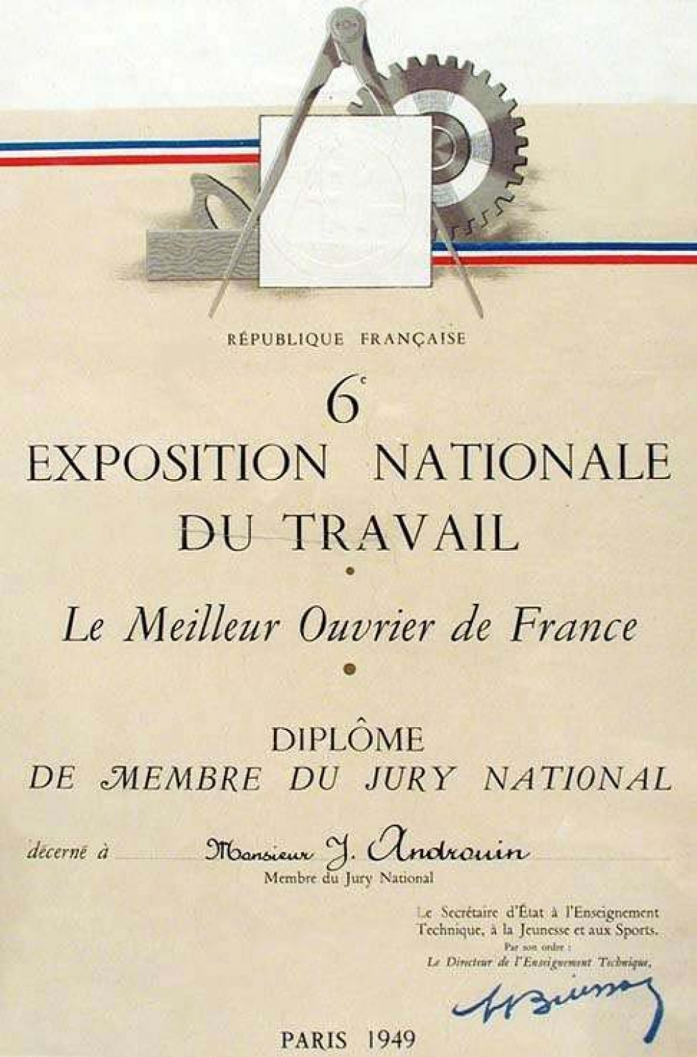 Diplôme de membre du jury national du meilleur ouvrier de France de la 6e Exposition nationale du Travail. 