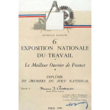 Diplôme de membre du jury national du meilleur ouvrier de France de la 6e Exposition nationale du Travail. 