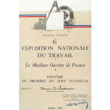 Diplôme de membre du jury national du meilleur ouvrier de France de la 6e Exposition nationale du Travail. 