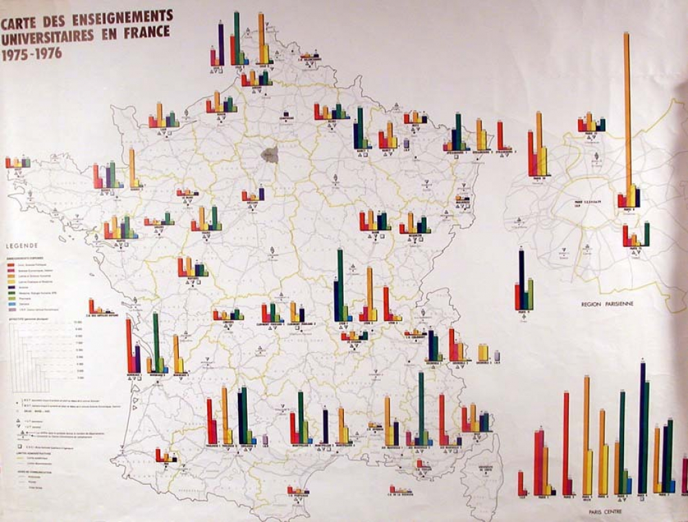 Carte des enseignements universitaires en France - 1975-1976.