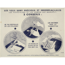 Buvard publicitaire. Les yeux sont précieux et irremplaçables. Les porte-plume et les compas les menacent.