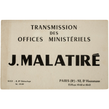 Buvard publicitaire. Transmission des offices ministériels. J. Malatiré.