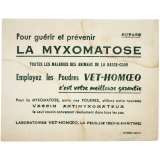 Buvard publicitaire. Pour guérir et prévenir la myxomatose, toutes les mamadies des animaux de la basse-cour, employez les poudres Vet-Homœo.