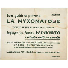 Buvard publicitaire. Pour guérir et prévenir la myxomatose, toutes les mamadies des animaux de la basse-cour, employez les poudres Vet-Homœo.
