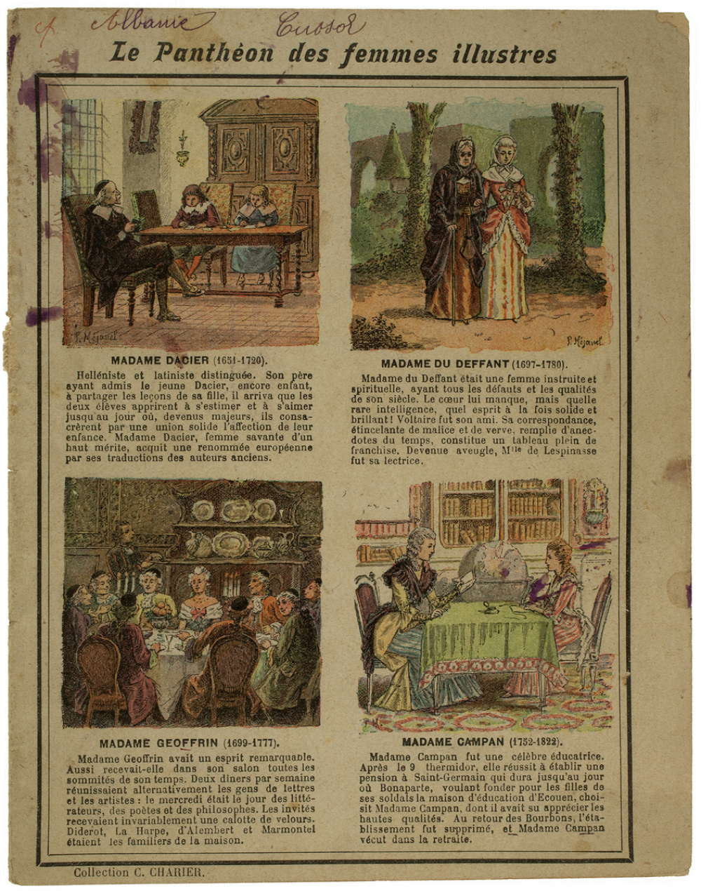 Madame Dacier. Madame du Deffant. Madame Geoffrin. Madame Campan - Le Panthéon des femmes illustres.