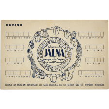 Buvard publicitaire. Jeu de lettres. Jalna, la marque pour l'enfant.