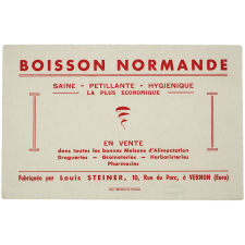 Buvard publicitaire. Boisson normande. Saine - pétillante - hygiénique - la plus économique.