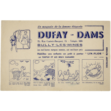 Buvard publicitaire. La tortue et les deux canards. Dufay-Dams, le magasin de la femme élégante.