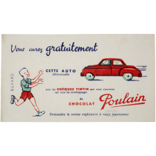 Buvard publicitaire. Auto démontable. Chocolat Poulain. Chèque Tintin. 