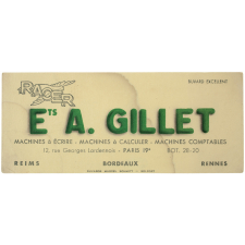 Buvard publicitaire. Ets A. Gillet. Machines à écrire - machines à calculer - machines comptables.