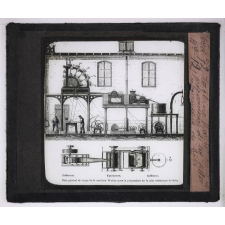 Industrie du papier. Plan général et coupe de la machine Wœlter pour la préparation de la pâte mécanique de bois.