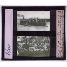 L'Effort anglais. En Mésopotamie. En haut bateau chargé de locomotives remorqué sur le Tigre. En bas, bateau indigène chargé de vivres.