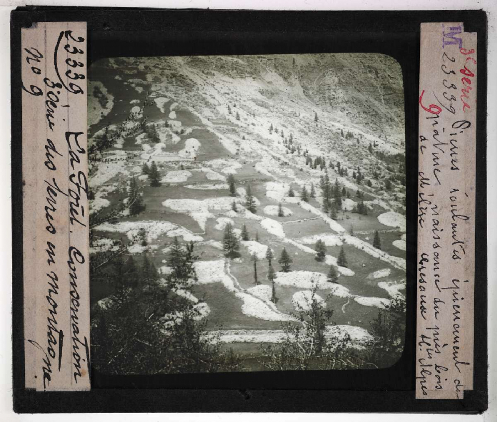 Conservation des terres en montagne et sur les pentes. Action de la forêt sur le sol et sur le régime des eaux, pâturages, prés, bois, correction des torrents. Pierres roulantes. Épierrement de pâture. Naissance du pré-bois de Mélèzes à Crésaux (Hautes-Alpes).