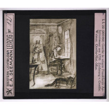 Goethe (I). Goethe in seinem Frankfurter Arbeitszimmer um 1770. Zeichnung v. Goethe. Weimar, Goethe-Nat.-Mus.