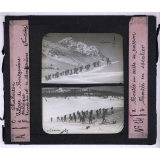 Le Ski. a - Montée en arête de poisson, b - Montée en escalier, c - Chaberton, d - Village de Montgenèvre, e - Obélisque, f - Trouée du col de Montgenèvre (Frontière).