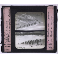 Le Ski. a - Montée en arête de poisson, b - Montée en escalier, c - Chaberton, d - Village de Montgenèvre, e - Obélisque, f - Trouée du col de Montgenèvre (Frontière).
