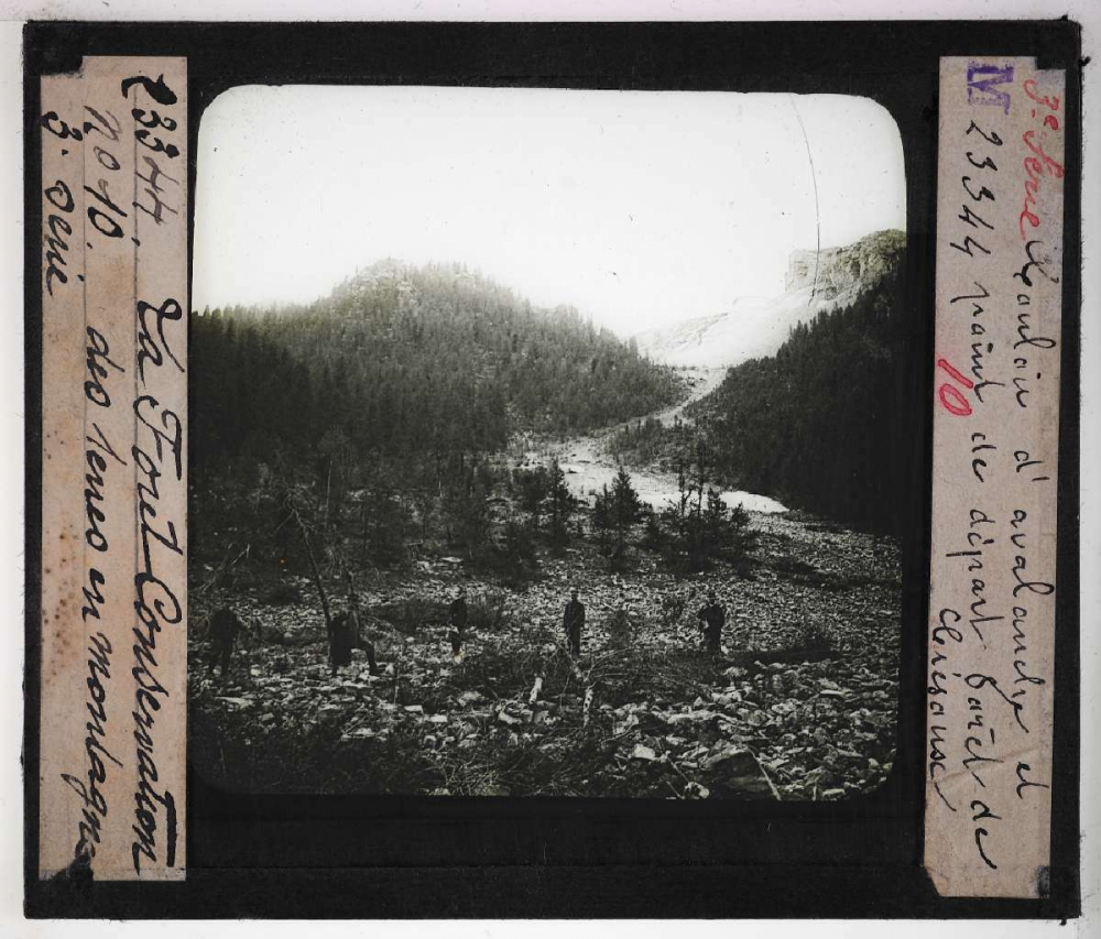 Conservation des terres en montagne et sur les pentes. Action de la forêt sur le sol et sur le régime des eaux, pâturages, prés, bois, correction des torrents. Couloir d'avalanche et point de départ. Forêt de Crésaux.