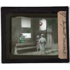 Enfants, jardins japonais. Enfants causant.