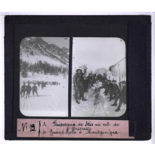 Le Ski. a - Faisceaux de skis au col de l'Orcerette, b - Grand'halte à Montgenèvre.
