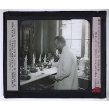 Sérothérapie. Préparation des divers sérums de l'Institut Pasteur de Paris. Ensemencement de la diphtérie. 1er temps: on puise la culture des microbes diphtériques.