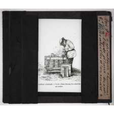 La Culture des abeilles. Apiculteur chassant à l'aide d'une brosse les abeilles d'un cadre.