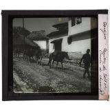 Yougoslavie. Sarajevo. Maison de bois et convoi de chevaux.