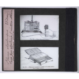 Applications électriques moteurs, piles, machines. Plume électrique Edison. Presse pour reproduire l'écriture obtenue par la plume Edison.