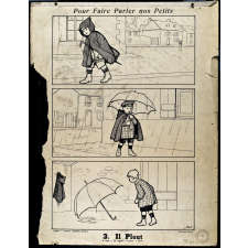 Tableaux muraux. Pour faire parler nos petits. 32 scènes familières en images sans paroles.  Première Série. 3- Il pleut. 4- Autour du feu.