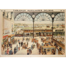 Tableaux auxiliaires Delmas pour l'enseignement pratique des langues vivantes par l'image. Série III : N°12- La Gare, Les Voyages, les Bateaux.