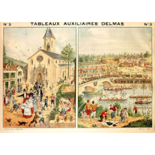Tableaux auxiliaires Delmas pour l'enseignement pratique des langues vivantes par l'image. Série I : N°3- L'Enfance (Le Baptême). La Jeunesse (La Fête publique).