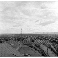 Gare de triage. Vue générale sur les voies et les alignements de wagons.