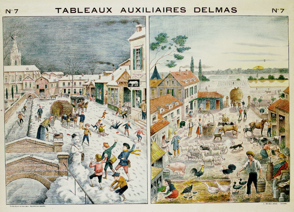 Tableaux auxiliaires Delmas pour l'enseignement pratique des langues vivantes par l'image. Série II : N°7- Le Village en hiver, Métiers divers. La Maison rustique au Printemps.
