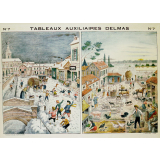 Tableaux auxiliaires Delmas pour l'enseignement pratique des langues vivantes par l'image. Série II : N°7- Le Village en hiver, Métiers divers. La Maison rustique au Printemps.