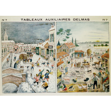 Tableaux auxiliaires Delmas pour l'enseignement pratique des langues vivantes par l'image. Série II : N°7- Le Village en hiver, Métiers divers. La Maison rustique au Printemps.