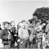 Méthode Freinet, école primaire de la Seine, classe promenade : les élèves, au pied de la Tour Eiffel, tentent d'en voir le sommet.