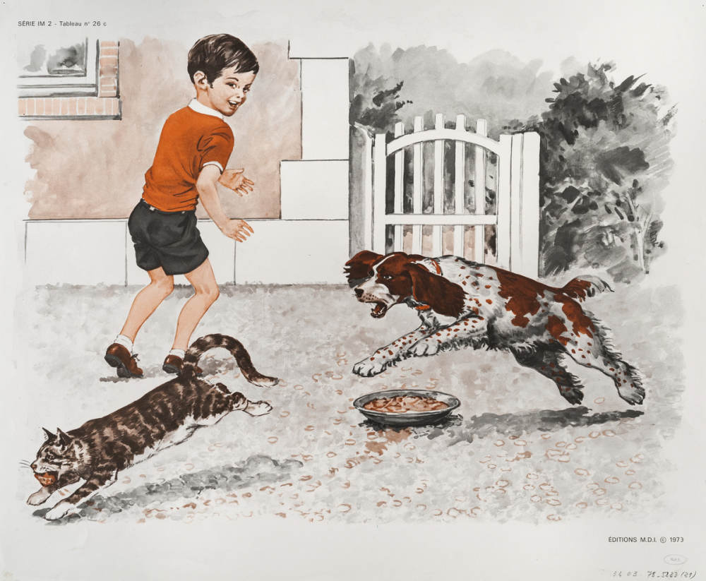 Tableaux de langage. Série IM 2 - n° 25c : la course à pied (la ligne d'arrivée). n° 26c : le chat fuit avec de la nourriture. 