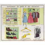 Tableaux de travaux ménagers : 23-rangement du linge et des vêtements; 24-rations alimentaires.