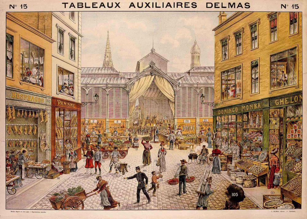 Tableaux auxiliaires Delmas pour l'enseignement pratique des langues vivantes par l'image. Série III : N°15- Le Marché.