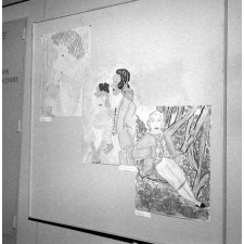 Exposition IPN sur Jean-Jacques Rousseau. Dessins d'enfant illustrant un passage de L'Emile : Emile enfant, Sophie et Emile se marient, une mère doit allaiter son enfant.