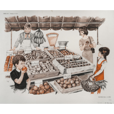 Tableaux de langage. Série IM 2 - n° 23b : Essayage de la veste. n° 24b : au marché.
