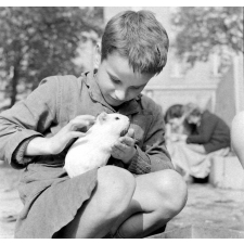Institut départemental des Aveugles de la Seine (Ecole Braille).
L'enseignement destiné aux aveugles. Un élève avec un cochon d'Inde dans la cour.