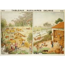 Tableaux auxiliaires Delmas pour l'enseignement pratique des langues vivantes par l'image. Série II : N°8- La Moisson (en été). Les Vendanges, la Pêche (en automne).