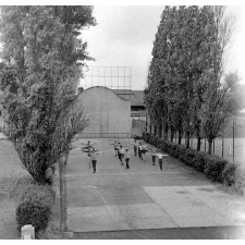 Pratique du sport sur un stade parisien : les élèves effectuent exercices et jeux.