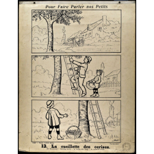 Tableaux muraux. Pour faire parler nos petits. 32 scènes familières en images sans paroles. Première série. 13- La cueillette des cerises. 14- Dédé aime les confitures.