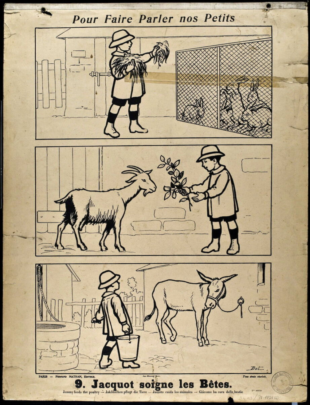Tableaux muraux. Pour faire parler nos petits. 32 scènes familières en images sans paroles. Première Série. 9- Jacquot soigne ses bêtes. 10- Josette va en visite.