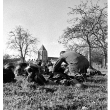 Ecole Freinet, classe promenade : les élèves, couchés sur l'herbe, observent et rédigent, guidés par leur maître.