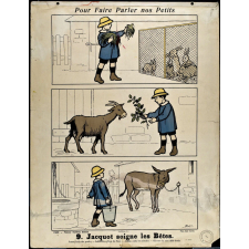 Tableaux muraux. Pour faire parler nos petits. 32 scènes familières en images sans paroles. Ière Série. 9- Jacquot soigne ses bêtes. 10- Josette va en visite.