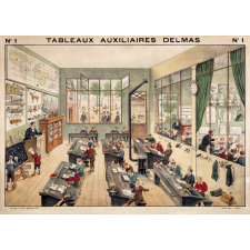 Tableaux auxiliaires Delmas pour l'enseignement pratique des langues vivantes par l'image. Série I : N°1- L'École, le Lycée, la Classe, les Nombres.
